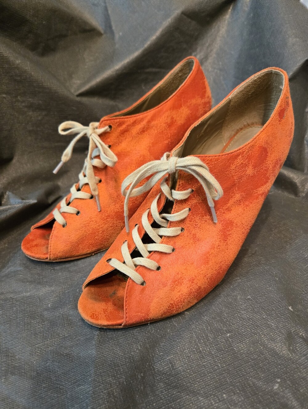 Feud Orange Suede Lace-Up Peep-Toe Women's Heels